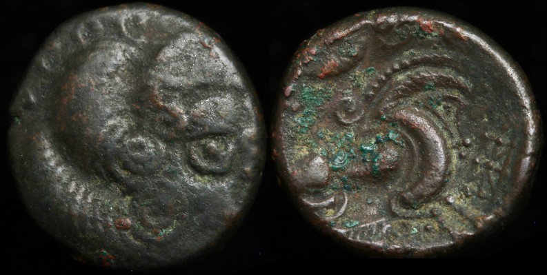 Gaul, Northwest. Coriosolites. Circa 100-50 BC. BI Stater 
Obv:- Celtic head right, hair in large spiral curls, S-like ear
Rev:- Celticized rider on horseback right; square ornament before; below, boar right. 
References:- Depeyrot, NC VIII, 182; D&T 2336. 

