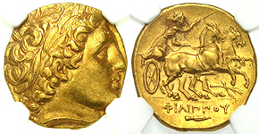 GREEK, Macedonian Kingdom, Philip III Arrhidaeus and Alexander IV, 323 - 317 B.C., Gold stater
SH50028. Gold stater, Thompson Philip 13; SNG ANS 318, NGC Choice Uncirculated, weight 8.58 g, Teos (near Sigacik, Turkey) mint, c. 323 - 316 B.C.; obverse laureate head of Apollo right; reverse charioteer driving biga right, holding kentron in right hand, reins in left, star and filleted branch below horses, &#934;I&#923;I&#928;&#928;OY and spear head in exergue; certified (slabbed) by NGC Ch AU, Strike 4/5, Surface 3/5
