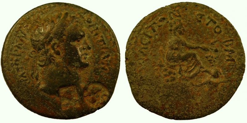 Hygieia and Asklepios
CILICIA. Irenopolis. Domitian. Æ 29 (2 Assaria). A.D. 92/93 (year 42). Obv: (AVTOK)PATΩPKAIΣAP-ΔOMITIAN(OΣ). Laureate head right; 2 countermarks, on lower part of bust (1) and before bust (2). Rev: (IPHNOΠOΛE-)ITΩN-ETO-BM. Veiled and turreted figure of Tyche seated right on rock, extending right hand holding ears of corn; river-god swimming right at her feet. Ref: BMC 2 var. (no star in field on rev., different rev. leg.); Sear 862 var.; RPC 1762 (8 pcs) var. (no star). Axis: 360°. Weigh: 11.04 g. Note: Fourteen pieces of this size depicting Domitian noted by Ziegler (1993). CM(1): Bust of Hygieia right, snake before, in rectangular punch, 4 x 5 mm. Howgego 195 (12 pcs). CM(2): Head of Asklepios right, snake before, in circular punch, 6 mm Howgego 6 (4 pcs).Note: Three of the four specimens listed by Howgego bearing CM (2) also bear CM (1). Collection Automan
