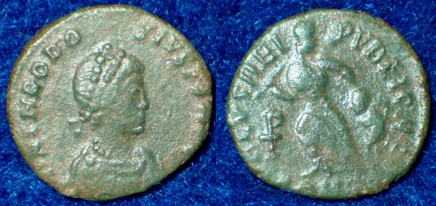 181- Theodosius -2
AE4 , Theodosius I, 388-392 AD , Constantinople mint.
Obv: DN THEODO-SIVS PF AVG, Laureate, draped and cuirassed bust right.
Rev: SALVS REI-PVBLICAE, Victory advancing left , dragging captive, trophy over shoulder.
CONSA in exergue, RIC 86b
12mm , .8 gm.

