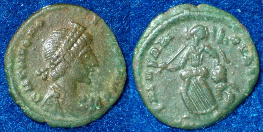 184-Theodosius-5
AE4 , Theodosius I, 388-392 AD , Cyzicus mint.
Obv: DN THEODO-SIVS PF AVG, Laureate, draped and cuirassed bust right.
Rev: SALVS REI-PVBLICAE, Victory advancing left , dragging captive, trophy over shoulder.
SMKA in exergue, RIC 26b
13mm , 1.2gm. 
