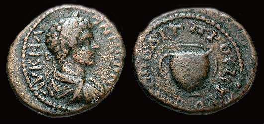 ROMAN EMPIRE PROVINCIAL, Caracalla, Nikopolis, AE18
Caracalla. AE 18 mm. 2.9 g.
 Obverse: Laureate and draped bust right. 
Reverse: Basket.
