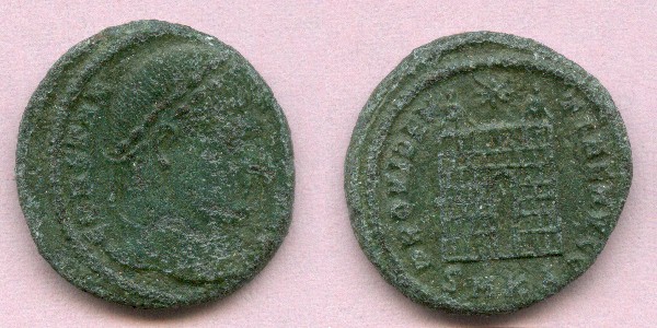 Constantine I PROVIDENTIAE AVGG RIC VII Cyzicus 24
AE3, 19mm, 3.28g.

Obverse: CONSTAN-TINVS AVG, laureate head R.

Reverse: PROVIDEN-TIAE AVGG, gate, 2 turrets, 7 layers, star above. 

Exe: SMKA (Cyzicus, Offincina 1)>

RIC VII 24, 324-5, S.
Keywords: Constantine Cyzicus gate