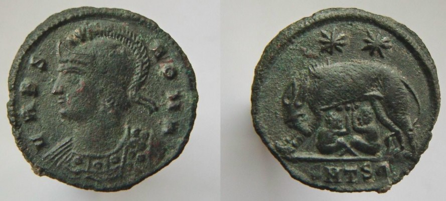 URBS ROMA. Mint: Thessalonika
Struck A.D.330 - 333 under Constantine I.
[i]Obverse[/i]: VRBS ROMA. Helmeted and plumed bust of Roma facing left.
[i]Reverse[/i]: No legend. She-wolf standing facing left, suckling Romulus and Remus; above, two stars; in exergue, SMTSA.
[b]RIC VII : 187[/b].  
