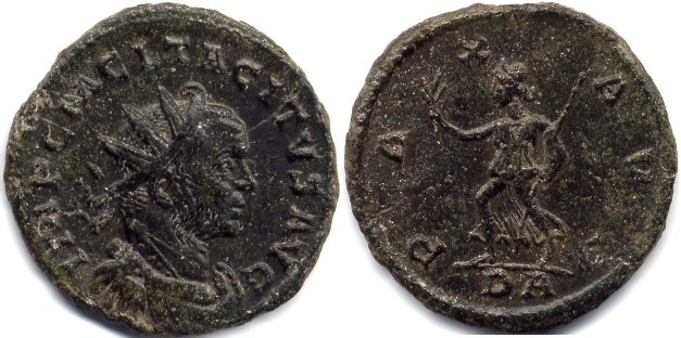 Roman Empire, Tacitus Antoninianus - RIC 033 Bust Type C var (DA in exe)
Obv:– IMP C M CL TACITVS P F AVG, Radiate, draped and cuirassed bust right
Rev:– PAX AETERNA, Pax standing left, holding olive branch and sceptre
Minted in Lugdunum (DA in exe), Emission 3 Officina 4. Early A.D. 276
References:– Cohen 64, Bastien 65, RIC 33 Bust Type C var. (Not listed for this officina in RIC) 
