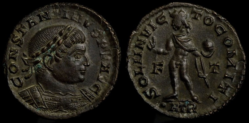 160 - Constantine the Great - Follis - RIC VII Trier 162
Obv:– CONSTANTINVS P F AVG, Laureate, cuirassed bust right
Rev:– SOLI INVICTO COMITI, Sol standing left, holding right hand high in salute and globe,.
Minted in Trier (F | T / .ATR)
Reference:–  RIC VII Trier 162 (R4).
