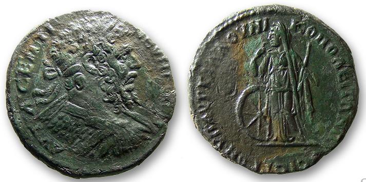 Moesia inferior, Nikopolis ad Istrum, 14. Septimius Severus, HrHJ (2018) 8.14.35.01 (plate coin)
Septimius Severus, AD 193-211
AE 27, 11.52g, 26.82mm, 90°
struck under governor Aurelius Gallus
obv. AVT.L.CEPTI - CEVHROC P
        Bust, cuirassed with scale armor, laureate, r.
rev. VP AVR GALLOV NI - KOPOLEITWN PROC ICTRON
        Nemesis, in long girded double chiton and veil, stg. frontal, head l., holding short staff in l. arm and 
        drawing with r. hand garment to her chin; l. beside her the wheel
ref. a) AMNG I/1, 1317 (2 ex., München, Parma)
       b) Varbanov (engl.) 2627
       c) Hristova/Hoeft/Jekov (2018) No. 8.14.35.1 (plate coin)
about VF, dark green patina

