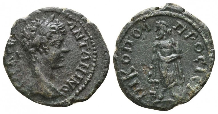 Moesia inferior, Nikopolis ad Istrum, 18. Caracalla, HrHJ (2018) 8.18.20.13 (plate coin)
Caracalla, AD 198-217
AE 18, 2.39g, 18.37mm, 15°
obv. [AV K M A] - ANTWNINO
       Laureate head r.
rev. NIKOPOL - PROC ICT
      Asklepios in himation stg. frontal, head l., resting with r. arm on his snake staff set in armpit, l. 
      hand akimbo
ref. a) not in AMNG
      b) not in Varbanov
      c) Hristova/Hoeft/Jekov (2018) No. 8.18.20.13 (this coin)
VF, dark green patina, small flan damage on rev.
