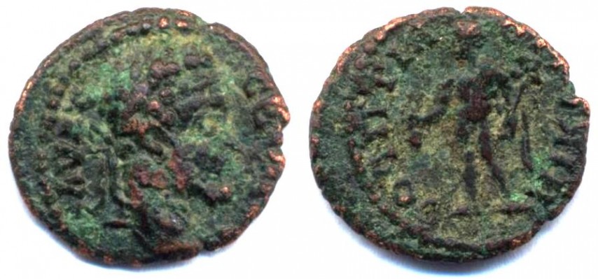 Moesia inferior, Nikopolis ad Istrum, 14. Septimius Severus, HrHJ (2018) 8.14.10.30 #2
Septimius Severus, AD 193-211
AE 18, 2.46g, 17.90mm, 180°
obv. AV L C - CEVHROC
        laureate head r.
rev. NIKOPO - LIT PROC (retrograde from lower r. counterclockwise)
       Hermes, nude, chlamys over l. arm, stg. l., holding kerykeion in l. arm and purse in 
       r. hand
rev. a) not in AMNG:
           rev. AMNG I/1, [1381] var. (legend, but has PROC I)
                  AMNG I/1, 1373 (depiction)
           obv. AMNG I/1, 1377
       b) Varbanov (engl.) 2344 var. (has AV C)
            rev. from same die
       c) Hristova/Hoeft/Jekov (2018) No. 8.14.10.30
F+, dark green patina, some encrustations
