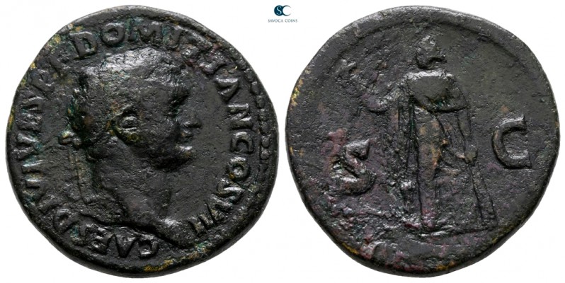 RIC 349 Domitian as Caesar [Titus]
Æ Dupondius/As, 13.52g
Rome mint, 80-81 AD
Obv: CAES DIVI VESP F DOMITIAN COS VII; Head of Domitian, laureate, bearded, r.
Rev: S C in field; Spes stg. l., with flower
RIC 349 (C). BMC -. BNC 249.
Acquired from Savoca, September 2023.

The dupondii struck for Domitian Caesar under Vespasian and Titus have portraits that lack the radiate crown normally associated with that denomination. At times it can be a bit confusing determining if individual specimens are a dupondius or an as. This coin's heavier weight and yellowish hues suggests it is a dupondius. Struck under Titus in 80 or 81 after Vespasian's deification, Spes was a fairly common reverse type under Vespasian, connected to future dynastic hope and harmony. It continued to be struck by Titus and can be viewed as his hope for the future with his chosen heir Domitian. As Mattingly put it: '...the recurring types of Spes suggests that Titus gave Domitian full due as heir to the throne.'  Although rated as 'common' in RIC, this variety is missing from the BM's collection.
