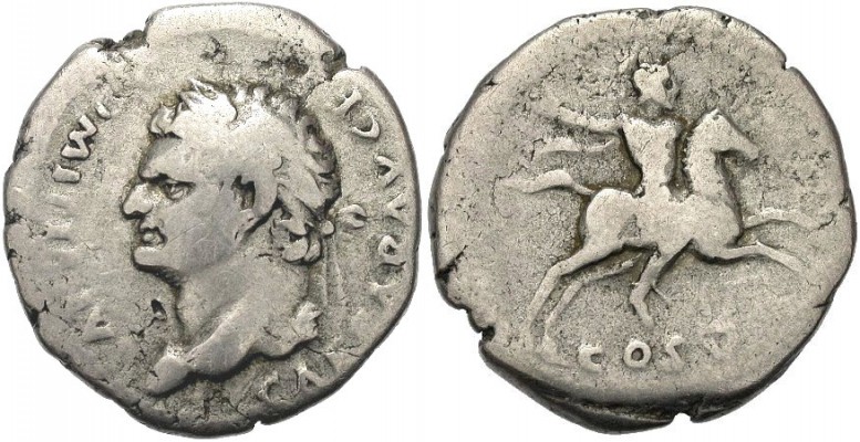 RIC 0958 Domitian as Caesar [Vespasian]
AR Denarius, 3.12g
Rome Mint, 77-78 AD 
Obv: CAESAR AVG F DOMITIANVS; Head of Domitian, laureate, bearded, l.
Rev: COS V; Horseman, helmeted, in military dress, cloak floating behind him, on horse prancing r., with r. hand thrown upwards and back
RIC 958 (R3). BMC -. RSC -. BNC -.
Acquired from Forvm Ancient Coins, September 2015.

Second known specimen of this type with left facing portrait. A die match with the unique RIC plate coin. Left facing portraits of Domitian are quite rare and highly prized by collectors. 

In fine style with honest wear. The portrait is outstanding!

