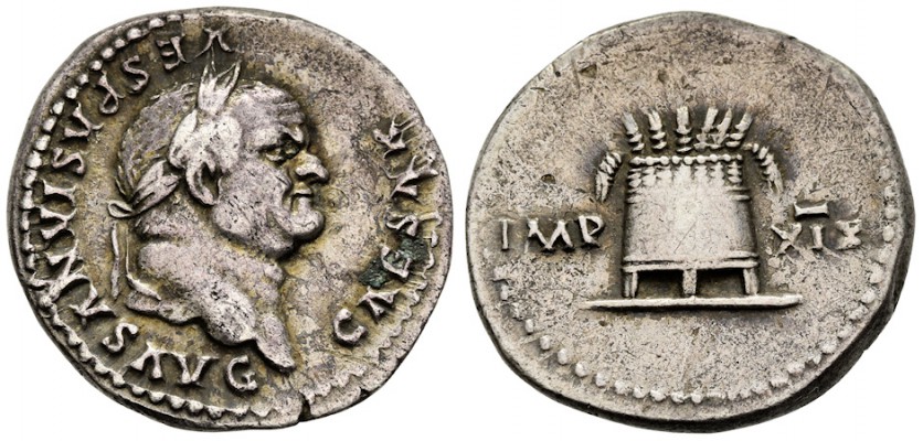 RIC 0980 Vespasian (2)
AR Denarius, 3.20g
Rome mint, 77-78 AD
Obv: CAESAR VESPASIANVS AVG; Head of Vespasian, laureate, right.
Rev: IMP XIX across field; Modius, standing on three legs, containing six ears of corn upright and two hanging over the sides
RIC 980 var. (five upright corn ears). BMC 216 var. (same.) RSC 216 var. (same). BNC 190 var. (same).
Acquired from Forvm Ancient Coins, July 2018.

A rare and, to my knowledge, unique variant of the common modius type. Normally just five corn-ears are seen standing upright with two hanging over the sides, here there are six standing upright. This deviation from the stock design was perhaps an engraver's error or whim. The modius type celebrates the emperor's provision of free grain to all Roman citizens, certainly a most valuable propaganda type! Unusually, the type was not directly modelled from any coin designs struck in the past and was part of an agrarian series of denarius reverse types struck between 77 and 78. 

A superb portrait and well centred strike.


