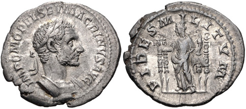 Macrinus
Macrinus. AD 217-218. AR Denarius (20mm, 2.89 g, 6h). Rome mint. 1st emission, AD 217. Laureate and cuirassed bust right, wearing short beard / Fides standing facing, head left, holding signum in each hand; signa flanking. RIC IV 68; Clay Issue 1; RSC 26. lightly toned, minor porosity, minor lamination flaw on reverse. 
Keywords: Macrinus vf