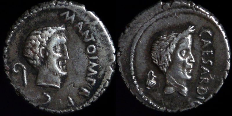 1550 - Julius Caesar and Mark Antony, Denarius
Denarius minted in 43 BC
M ANTO IMP RPC, Head of Mark Antony right, lituus behind him
CAESAR DIC, Head of Caesar right, jug behind him
3.76 gr
Ref : HCRI # 123, RCV #1465, Cohen #3
