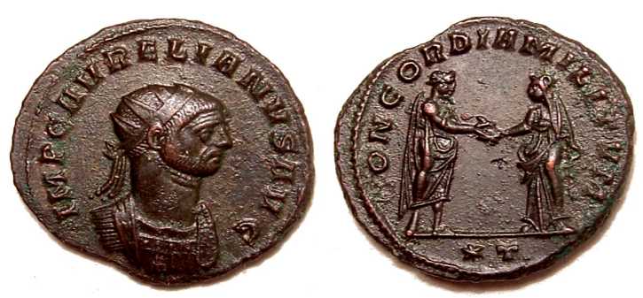 RIC
Antoninianus (pre-reform)
Siscia Mint, 3rd officina, 271-72 AD
Obv. Rad & cuir bust r, IMP C AVRELIANVS AVG round
Rev. Emperor stg l, facing Concordia r, shaking hands, CONCORDIA MILITVM round, *T in ex.
3.65 gm, 21 mm
