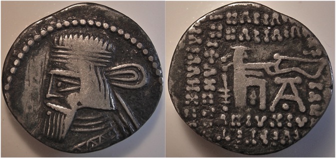 Parthia - Artabanus II (10-38 AD) or Gotarzes II (44-51 AD)
Metal/Size: AR 20; Weight: 3.4 grams; Denomination: Drachm; Mint: Ecbatana; Date: 10-38 AD or 44-51 AD; Obverse: Bare-headed bust left with long square cut beard, wearing diadem with loop at the top and three ends, hair almost straight, earring visible; border of dots. Reverse: Beardless archer, seated right on throne; in right hand, bow; below bow monogram 26; Greek inscription &#914;&#913;&#931;&#921;&#923;&#917;&#937;&#931; &#914;&#913;&#931;&#921;&#923;&#917;&#937;&#925; / &#913;&#929;&#931;&#913;&#922;&#927;&#933; / &#917;&#933;&#917;&#929;&#915;&#917;&#932;&#927;&#933; &#916;&#921;&#922;&#913;&#921;&#927;&#931; / &#917;&#928;&#921;&#934;&#913;&#925;&#927;&#933;&#931; &#934;&#921;&#923;&#917;&#923;&#923;&#919;&#925;&#927;&#931; ( KING OF KINGS / Arsaki / Beneficial DIKAIOS (righteous/just / EPIFANOUS FILELLINOS - "Friend of the Greeks")    legend on left read from outside.  References: Sellwood #63.6; Shore #341.
Keywords: parthia artabanus gotarzes ecbatana diadem archer arsaces bow
