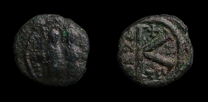 Justin II
AE Half-Follis
Thessalonica mint, 571-572 A.D.
20mm, 5.53g	
BCV- 366

[b]Obverse:[/b]
DN IVSTINVS P PAV
Justin II seated on left and Sophia seated on right facing on double throne, both are nimbate, he holds a globus cruciger, she holds a cruciform scepter.

[b]Reverse:[/b]
+
Large K
ANNO
Z (7th year)
TES
