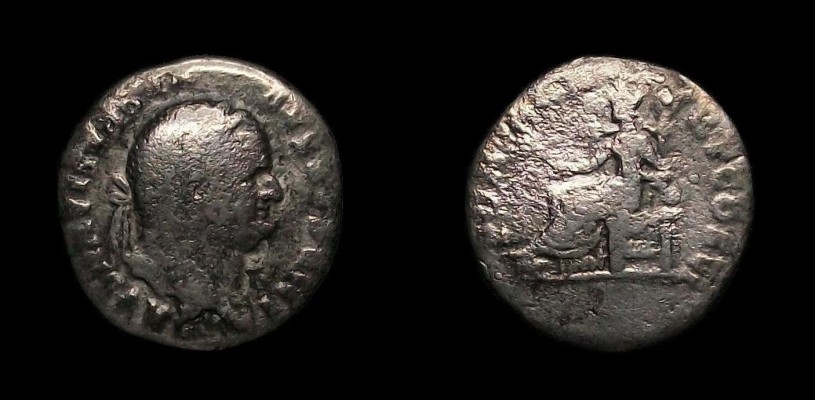 Vespasian, RIC II-090 Rome
AR Denarius
Rome mint, 75 A.D.
18mm, 2.84g
RIC II-90, RSCv.2-366

[b]Obverse:[/b]
IMP CAESAR VESPASIANVS AVG
Laureate head right

[b]Reverse:[/b]
PON MAX TR P COS VI
Pax seated left, holding branch.
