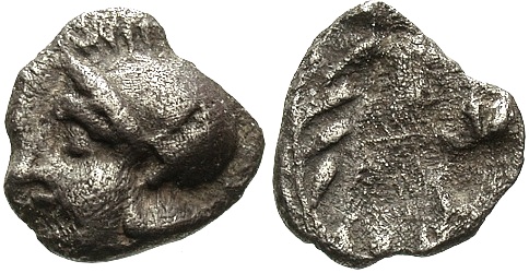 Elaia, Aiolis, W. Asia Minor, c. 350 - 320 B.C.
Silver hemiobol, SNG Kayhan 82, S 4197, Elaia mint, 0.272g, 6.9mm, c. 350 - 320 B.C.; obverse head of Athena left in crested Attic helmet; reverse [E - L - A - I], olive wreath, all within incuse square

ex FORVM
