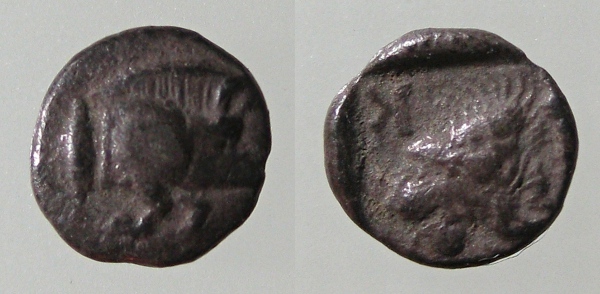 Kyzikos, boar / lion
7mm, 0.22g
obv: forepart of boar right
rev: lion's head left, retrograde K above left 

