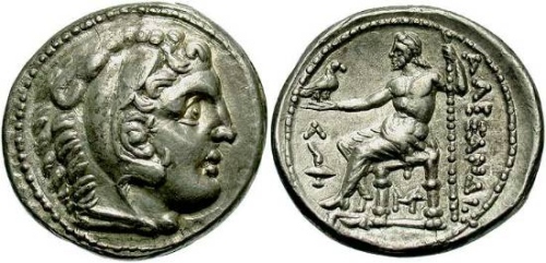 Alexander III, 336-323 BC; Amphipolis 315-294 BC
AR tetradrachm, 27.9mm, 17.24g, Ch EF 
Head of Herakles right, wearing lion's skin headdress / AΛEΞANΔPOY Zeus enthroned left, holding eagle and sceptre, Λ over torch in left field, monogram below throne.
Price 447c; Müller 37.
