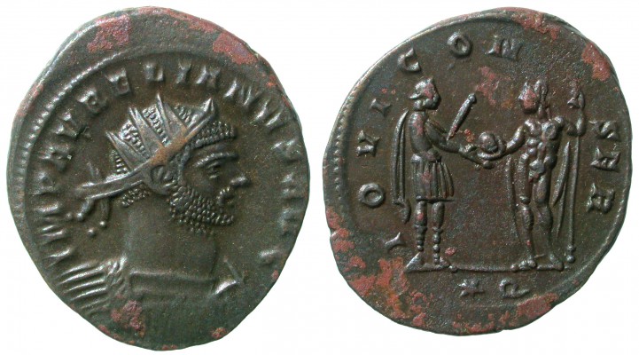 1997.161.164
Siscia, 4.00 g

Obverse: IMP AVRELIANVS AVG; Radiate, cuirassed, bust right.
Reverse: IOVI CON-SER; -/-//*Q; Emperor, in military dress, on left, standing right, holding short scepter in left, extending right hand to receive a globe from Jupiter, on right, standing left, extending globe in right hand, holding scepter in left. 
Ref: RIC 225; RIC V,1 online, T-2220; LV 7036-7049; BnF XII.1, 1172-1173; (Autumn 272 – 273 – Early 274)
