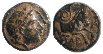 MYSIA, Atarneos
MYSIA, Atarneos. Circa 400 BC. Æ 11mm. Laureate head of Apollo right / Forepart of horse right, serpent above. SNG France 129; SNG Copenhagen 25.
