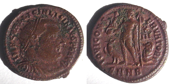 Licinius I AE3
AE 3.
Obv.: IMP C VAL LICIN LICINIVS PF AVG ;
Rev.: IOVI CONSERVATORI ; Jupiter stg. ., an eagle at his feet.
Heraclea mint
Ric. 52 rare 2
Keywords: Licinius
