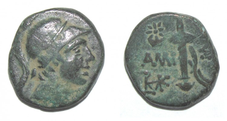 AMISOS - Pontos
AMISOS - Pontos, AE17. Head of young Ares right / &#913;&#924;&#921;-&#931;&#927;&#933;, sword in sheath, star & crescent moon in upper left, IB in upper right, PLK-K monogram in lower left.  Reference: SNGBMC 1162 
Keywords: AMISOS - Pontos