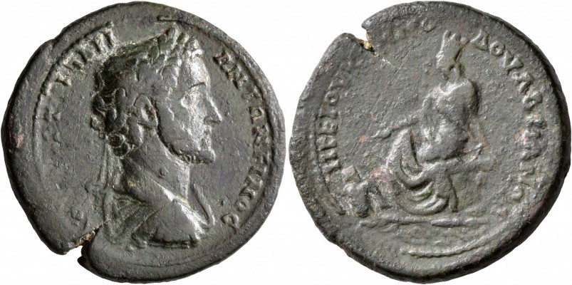 Hadrianopolis Antoninus Pius C. Iulius Commodus Orfitianus Tyche seated
Antoninus Pius

AE 32 16.71g. 

Governor C. Iulius Commodus Orfitianus (154/55 AD)

Ob: AVT KA]I T[A]I A&#916;PIA |ANT&#937;NEINOC 
Laureate draped and cuirassed bust right

Rx: H&#915;E IOV KOMMO | &#916;OV A&#916;PIANO&#928;O
Turreted Tyche seated on rocks left, holding grain ears in right hand resting right foot on swimming river god

cf.Varbanov (E) II 3176; cf. Mionnet Supp. II p.303 #614; BMC -; cf. RPC IV 9297 (4 examples)

nice dark green patina, edge crack, VF

ex: Leu Numismatik web auction 11(Feb 22 2020) lot 1267
ex: Jean-Pierre Righetti collection inv. no. 10124
