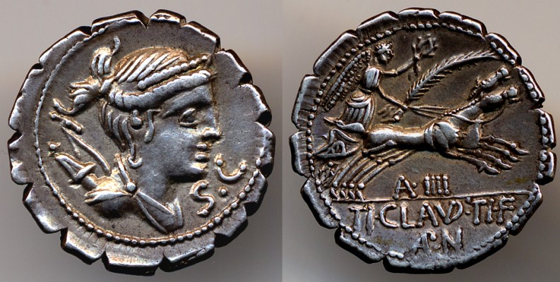 ROMAN REPUBLIC, Ti Claudius Ti.f. Ap. n. Nero
AR Denarius, Rome mint, 79 BC
Obv:  Diademed and draped bust of Diana right, bow and quiver over shoulder. S.C. before.  Border of dots
Rev:  Victory in biga right, holding palm branch and reins in left hand, and laurel wreath in right hand. Control-mark A.IIII above exergue.  TI.CLAVD.TI.F/ APN in exergue.  Border of dots.
Weight:  3.88g
Crawford 383/1  Sear RCV I 310  RSC Claudia 6
ex F Sternberg Auction VII, Zurich, November 1977, Lot 378

Keywords: Claudia Diana Victory