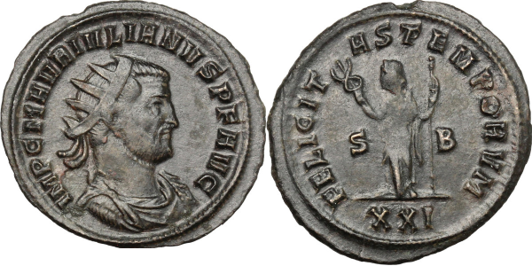 Julian of Pannonia
Julian of Pannonia, Usurper (284-285).
BI Antoninianus, Siscia mint.
Obv: IMP C M AVR IVLIANVS PF AVG. Radiate, draped and cuirassed bust right.
Rev: FELICITAS TEMPORVM. Felicitas standing facing, head left, holding caduceus and sceptre; in field, S-B; in exergue, XXI.
RIC 2., C. 1 (Fr. 150). BI. g. 3.14 RRR. Very rare.

Notes from the seller (Artemide LI, Lot 322):
"A superb example. Deep brown patina. Minor areas of weakness, otherwise about EF/Good VF."
