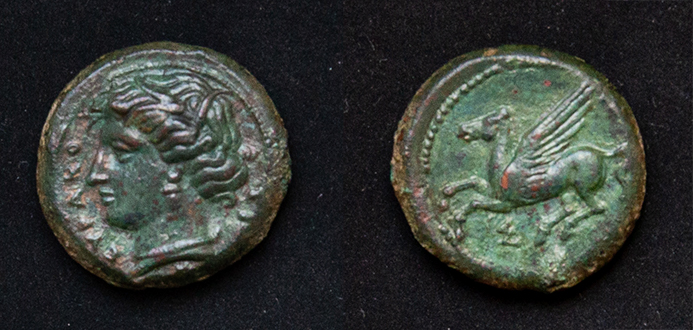 0253 - Litra Timoleon 344-336 BC
Obv/ Head of Cora l., around &#931;IPAKO&#931;ION.
Rev/ Pegasus l., &#931; below.

AE, 21.3 mm, 11.11 g
Mint: Siracuse.
CNS II/78
ex-Bertolami Fine Arts, auction e77, lot 498
Keywords: Sicily Sikelía Litra Timoleon Cora Siracuse Pegasus