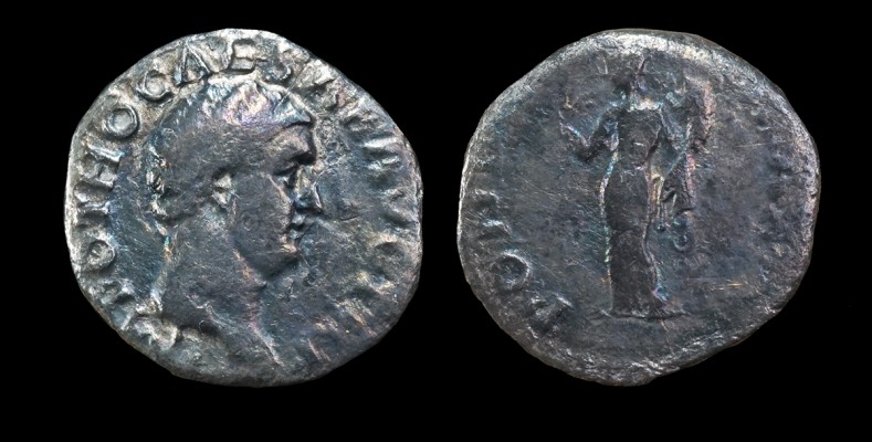 RIC 20 Otho denarius 
IMP OTHO CAESAR AVG TR P 
Bare, bewigged head of Otho right 

PONT MAX
Ceres standing left, holding three grain ears in right hand and cradling cornucopia in left arm. 

Rome, 9 March-mid April AD 69

2.40g

Cf. RIC 20 (aureus). CBN 25. RSC 11.

The Authors of RIC do not list this issue among denarius types for Otho but rather list the corresponding type aureus

Beautiful iridescent toning developing in hand.

Ex-Charles Euston; Toronto Coin Expo April 2024; Ex-Numismad Auction 10, lot 842
