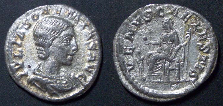 Julia Soaemias Denarius, RIC IV 243
Rome mint, Julia Soaemias Denarius, 220 A.D. AR, 19.5mm 2.39g, RIC IV 243, RSC 14
O: IVLIA SOAEMIAS AVG, bust right, draped
R: VENVS CAELESTIS, Venus diad., seated l., holding apple and scepter, at her feet, a child (*also described as Cupid).

Keywords: Julia Soaemias