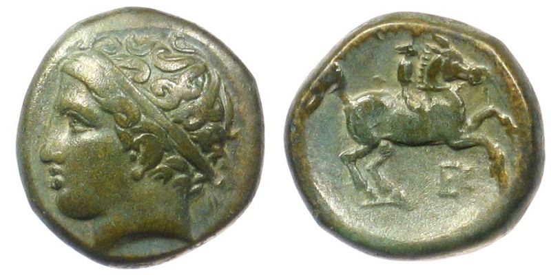 Macedonian Coin - Philip II 359/336BC - Unit
Macedonian Coin GAE061
Philip II 359/336BC - Unit
AE 16.6-17.3mm : 6.26gm
OBV - Apollo laureate head facing left
REV - Youth on prancing horse to right, PHILIPPOY above, trident below
REF - SNGANS 925
Keywords: macedonian Kingdom philipp II bronze