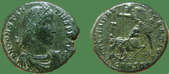 ROMAN EMPIRE, Constantius II AE2
Constantinople RIC VIII 81,B Constantius II AE2 
Centenionalis. 348-351 AD. DN CONSTANTIVS 
PF AVG, diademed, draped & cuirassed bust right / 
FEL TEMP REPARATIO, soldier spearing fallen 
horseman, G to left, CONSB(star) in ex. Coin #138 
WW example coin
