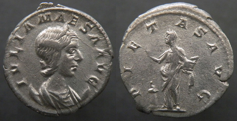 20. J. Maesa antoninianus.
Antoninianus, 218 - 219 AD, Branch mint.
Obverse: IVLIA MAESA AVG /  Bust of Julia Maesa on crescent.
Reverse: PIETAS AVG  /   Pietas standing, holding incense box and raising hand over lighted altar.
4.80 gm., 22 mm.                    
RIC #264; S #7748.

The coinage of Julia Maesa is fairly extensive.  Coins with her portrait were minted at Antioch (and/or other Eastern mints) from the beginning of Elagabalus' reign until that mint was closed in 220.  The mint at Rome minted her coins for the entire four year period of his reign, and possibly even into the reign of Severus Alexander as well. 

There is only one type of antoninianus listed for Julia Maesa, and this is it.  This coin was minted early in the reign of Elagabalus, before the denomination was discontinued.  Although RIC lists this coin as being minted in Rome, it may well have been minted by a mint that traveled with Elagabalus on his journey to Rome 218 - 219 AD.
Keywords: Maesa antoninianus Pietas