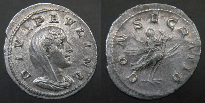 88. Paulina.
Denarius, ca 235-236 AD, Rome mint.
Obverse:  DIVA PAVLINA  /  Veiled bust of Paulina.
Reverse:  CONSECRATIO  /  Paulina, holding sceptre, and seated on a peacock flying to heaven.
2.49 gm., 20  mm.                
RIC #2; Sear #8400.
Keywords: Paulina, denarius