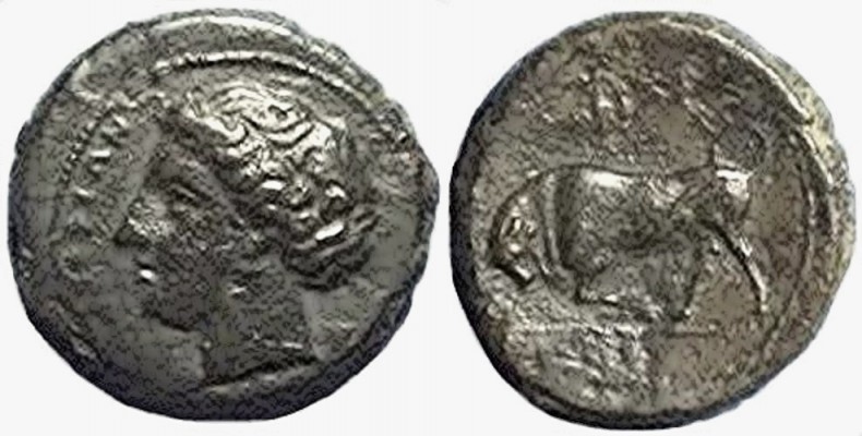 Syracuse, Reign of Agathokles
317-289 BC
AE16 (17mm, 3.71g)
O: Head of Kore (Persephone) left; &#931;&#933;&#929;&#913;&#922;&#927;&#931;&#921;&#937;&#925; before, amphora behind.
R: Bull butting left; monogram above.
HGC 2, 1469; Calciati II, p. 238, 108; Sear 1195v
ex Aegean Numismatics 


