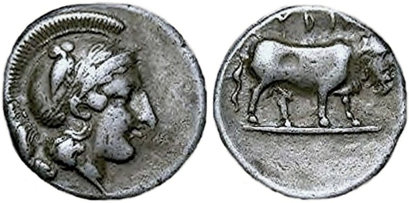 Hyria, Campania
400-335 BC
AR Didrachm (21mm, 7.33g)
O: Head of Athena right, wearing wreathed Attic helmet decorated with an owl. 
R: Man-headed bull walking right; YDIN[A] above.
Rutter 69 (O32/R??); SNG ANS 255; HGC I, 435; HN Italy 539; Sear 294v (bull left)
ex Den of Antiquity

[i]An historically obscure city in southern Campania, Hyria may have been located approximately 25 miles east of Mt. Vesuvius. It's site was likely an old Samnite settlement, and in fact the ethnic on the reverse of these didrachms is often inscribed in Oscan.
However Imhoof-Blumer believed that these coins, along with those of neighboring Nola, may actually have been struck at Neapolis. This is suggested by die comparisons, and the man-headed bull device seemingly adds weight to the argument.[/i]

