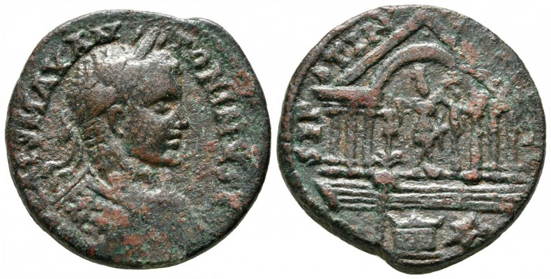 bmc393var_2
Elagabalus
Tyre, Phoenicia

Obv: IMP CAES MAV ANTONINVS AVG, laureate cuirassed bust right, seen from front.
Rev: SEP TIM TVR COL, Temple of Astarte with 6 columns, arch over middle with pellet in pediment over arch, Astarte within with right hand on trophy being crowned by Nike standing on column on right. Altar at base of steps with palm tree on left and murex shell on right.
30 mm, 15.62 gms

BMC 393 variant (bust type, no Marsyas to left of Astarte). Triskeles Auctions, Sale 22, Lot 368. 
