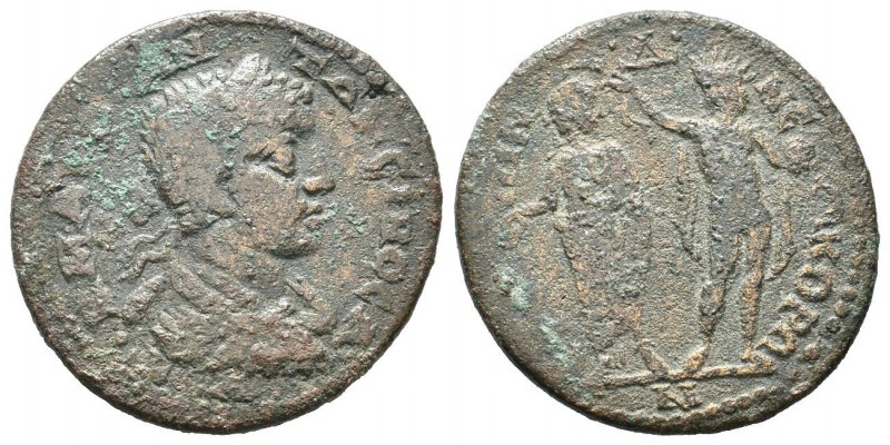 ephesus007a
Elagabalus
Ephesus, Ionia

Obv: &#913;-&#933;&#932; &#922; &#924; &#913;&#933;&#929; &#913;&#925;-&#932;&#937;&#925;&#400;&#921;&#925;&#927;&#1057; (legend begins lower right), laureate, draped and cuirassed bust right, seen from behind.
Rev: &#400;[&#934;&#400;&#1057;]&#921;&#937;&#925; &middot;&#916;&middot; &#925;&#400;-&#937;&#922;&#927;&#929;&#937; &#x2192;&#925;, Emperor standing facing in toga, looking right, holding patera, and Helios standing facing, looking left, holding globe and crowning Emperor with wreath.
30 mm, 11.80 gms

RPC VI Online---; Karwiese--; for reverse type, Karwiese 709 (Anna Aurelia Faustina, Elagabalus's third wife)

From Ares Numismatics Web Auction 4, lot 1170.  Interesting coin, I can find it in none of the standard references including Karwiese.  However this same reverse, possibly even a die match to this coin, is seen on Karwiese 709 for a coin of Anna Faustina.
