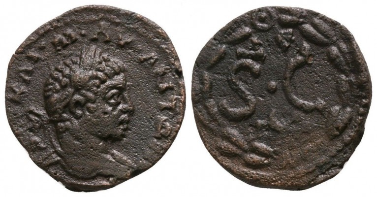 asmcalee783b6
Elagabalus
Antioch, Syria

Obv. AVT&middot;KAI&middot;M&middot;AV&middot;ANT&#937;N(...), laureate head right, slight drapery at neck, middots between each element of legend
Rev. S·C, &#916; &#949; above, eagle below, all within laurel wreath fastened at top with garland. 
18 mm, 3.25 gms

McAlee 783(b)
