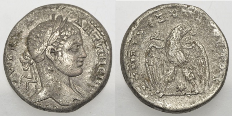 prieur266_2
Elagabalus
Syrian Tetradrachm

Obv: AYT K M A···ANTWN&#949;INOC CEB, laureate head right, no ribbon over shoulder.
Re: &#916;HMAPX&#949;&#926;Y&#928;ATOC TOB, Eagle to front, head and tail right, &#916; and &#949; in right and left field, star between legs.
25 mm, 13.83 gms

Prieur 266
