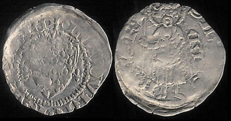 Huszár 542, Pohl 79-11, Unger 429z, Réthy II 94A
Hungary. Louis I (Lajos I, in Hun.) (1342-1382). AR denar (15 mm.)

Obv:  + LODOVICI • R VnGARIE, Two-part shield (Árpádian stripes and Angevin field of fleur-de-lis) with four lilies above and to sides.

Rev:  S • LA[DIS]—LAVS • R •, Standing nimbate king, facing, holding halberd and imperial orb, C A (sideways) in right field (privy mark).

The type was struck 1358-1371 (per Huszár & Unger) or 1359-1371 (per Pohl). This privy mark was probably struck in Kaschau (Kassa in Hun., now Košice, Slovakia) (per Pohl). 

Huszár/Pohl rarity rating 5.  The descriptions and depictions of this emission vary from catalog to catalog with respect to the presence and placement of pellets in the legend.  

Note:  Ladislaus I (László in Hun.) (1077-1095) was canonized in 1192. His name typically appeared, albeit in an increasingly decaying form, on the reverse of 12th century emissions, and his stylized image and name appeared on this and other later emissions.

