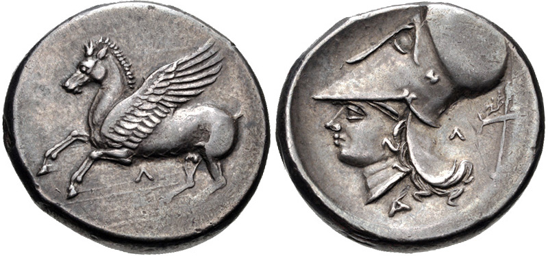 Athena and Pegasos on AR Stater of Leukas
Circa 320-280 B.C. AR Stater (22mm. 8.58g. 6h). BCD Akarnania 269 var. (no monogram). SNG Copenhagen 357 var. (same). Pegasi 134. Obverse Pegasus left, lambda below. Reverse helmeted head of Athena left, monogram below, lambda before stylis. EF, toned. 

Ex Sukenik Collection (acquired from Brian Kritt). Ex CNG.

Leukas is a Greek island in the Ionian Sea; and according to ancient sources, a former Corinthian colony. Their coinage reflect their ties with the mother city and almost identical with the coinage of Corinth which could only be distinguished by a small Greek letter to signify where the coins were made, in case of our coin, the letter lambda for Leukas. The coin we have is a beautiful specimen with exquisite details. We could strongly confirm from this coin that the winged Pegasus is a male mythical beast. The reverse is also quite interesting since Athena’s helmet is realistically well proportioned in relation to her head. Other coins of the same type show a smaller helmet which she could impossibly use! The engraver of this coin followed the rules of proportion. Of particular importance is that Leukas is associated with Sappho and the myth of her suicide at Cape Lefkada (Lefkada being the modern name of Leukas). Recently, some scholars suggested that Leukas is the actual place of Homer’s Ithaca. Passages from the Odyssey described Ithaca as an island reachable on foot, which is the case for Leukas since it is not really an island, that it was connected to the mainland by a narrow causeway.

