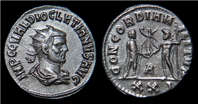 Diocletian AE Antoninianus
OBV: IMP-C-C-VAL-DIOCLETIANVS-AVG
Radiate, draped, and cuir. bust right.
REV: CONCORDIA-MILITVM
Diocletian standing left, receiving Victory on globe from Jupiter standing right.
A in field below. XXL in Exergue
RIC 306 Cyzicus Mint
285-293 A.D.
22mm 3.2gm

