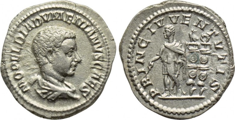 DIADUMENIAN
DIADUMENIAN (Caesar, 217-218). Denarius. 2.53 g. 20mm, Rome mint.
O: M OPEL DIADVMENIAN CAES, Bareheaded, draped and cuirassed bust right.
Rev: PRINC IVVENTVTIS, Diadumenian standing left, holding baton; two signa to right.
-RIC 107. 

1st emission of Macrinus, AD 217, only three examples in the Reka Devnia hoard. 

Diadumenian's three main types as Caesar exactly correspond to Macrinus' three issues, which for their part can be approximately dated on the basis of the titles they bear and their volumes of issue as revealed by the Reka Devnia hoard. So Diadumenian's dates derive from those estimated for Macrinus.

Marcus Opellius Diadumenianus was born in 208. According to Aelius Lampridius, quoted below, the boy was so named because he was born with a diadem formed by a rolled caul.

“Now let us proceed to the omens predicting his imperial power — which are marvellous enough in the case of others, but in his case beyond the usual wont. 4 On the day of his birth, his father, who then chanced to be steward of the greater treasury, was inspecting the purple robes, and those which he approved as being brighter in hue he ordered to be carried into a certain chamber, in which two hours later Diadumenianus was born. 2 Furthermore, whereas it usually happens that children at birth are provided by nature with a caul, which the midwives seize and sell to credulous lawyers (for it is said that this bring luck to those who plead), 3 this child, instead of a caul, had a narrow band like a diadem, so strong that it could not be broken, for the fibres were entwined in the manner of a bow-string. 4 The child, they say, was accordingly called Diadematus, but when he grew older, he was called Diadumenianus from the name of his mother's father, though the name differed little from his former appellation Diadematus.”

His father Macrinus was hailed as Augustus on April 8, 217. Dio Cassius tells us that Diadumenian was named Caesar and Prince of the Youth by the Senate in May 217 as soon as news of Macrinus' accession reached Rome. A little later, Dio continues, news arrived that Diadumenian had independently been proclaimed Caesar by the soldiers at Zeugma, as he was on his way from Antioch to join Macrinus in Mesopotamia, and that he had also assumed Caracalla's name Antoninus. Hence this first short issue of coins in Rome is with the titles Caesar and Prince of the Youth, but still without Antoninus.

When the armies of Elagabalus revolted at Emesa on May 16, 218, Macrinus traveled to the praetorian fortress at Apamaea to shore up (buy) support and to raise Diadumenian to the rank of Augustus. Still, Macrinus’ armies were defeated outside Antioch in less than a month.

10 year old Diadumenian was captured while fleeing to Zeugma and executed shortly thereafter. He reigned as Caesar for 13 months and as Augustus for less than one.

Although the Senate never confirmed Diadumenian’s title as Augustus, there is extremely rare silver (one or two pieces?) with Diadumenian as emperor. It is believed that a large issue was struck, only to be immediately recalled and melted down when the news of Macrinus’ defeat reached Rome.

