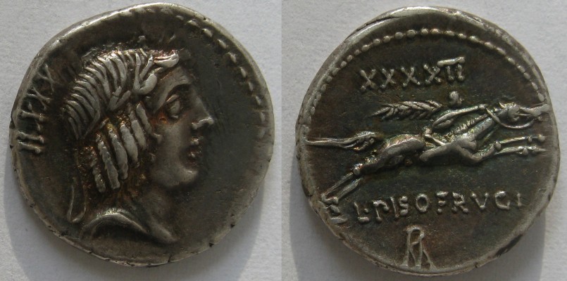 RRC340/1 (L. Calpurnius Piso Frugi)
Obv. Laureate head of Apollo right, control number XXXII behind,; no mark of value;
Rev. L. PISO FRVGI below horseman galloping right, holding palm, control number XXXXII above, monogram of beneath legend
Rome, 90 B.C.
17 mm, 3.89 gr.
References: RRC340/1, Sear 235/1, SC Calpurnia 12

L. Calpurnius Piso Frugi was the grandson of the consul of 133 B.C., and the father of a moneyer of the same name. He rose to become praetor in 74 B.C., together with Verres.

It has been assumed that the rider, together with the head of Apollo on the obverse, refers to the Ludi Apollinares, created by the praetor L. Calpurnius Piso in 212 B.C. This, at least, is Livy’s suggestion: “The Games of Apollo had been exhibited the previous year, and when the question of their repetition the next year was moved by the praetor Calpurnius, the Senate passed a decree that they should be observed for all time (...) such is the origin of the Apollinarian Games, which were instituted for the cause of victory and not, as it is generally thought, in the interest of public health” (Livy, Per. 25.3). The ‘public health’ issue mentioned by Livy may have been a plague in 208 B.C.; Apollo as a healer-god would have been a natural choice to appeal to. The date of the creation of the games falls into the Punic Wars, and may have served as a distraction from the war. The Ludi started on July 13th and lasted 9 days.

The largest issue of coinage known from the Republic, the denarii of Piso come in over 300 varieties. In 91. B.C. the Italian allies rebelled against Rome, forming a separate and independent nation. The massive issue of coinage minted by L. Calpurnius was required to pay Rome’s soldiers, as she was suddenly confronted by the uprising of her allies. In 90 B.C., with L. Iulius Caesar and P. Rutilius Lupus as consuls, the war remained undecided. Pompeius Strabo managed to capture Asculum, but Caepio was defeated, and Rutilius lost a battle and his life at the river Liris, attempting to attack the Marsi with an untrained army (Appian, B. Civ. 43). By 88 B.C., the war was over, and only the Samnites continued to offer a token resistance. Many of the allies had however acquired Roman citizenship. 
